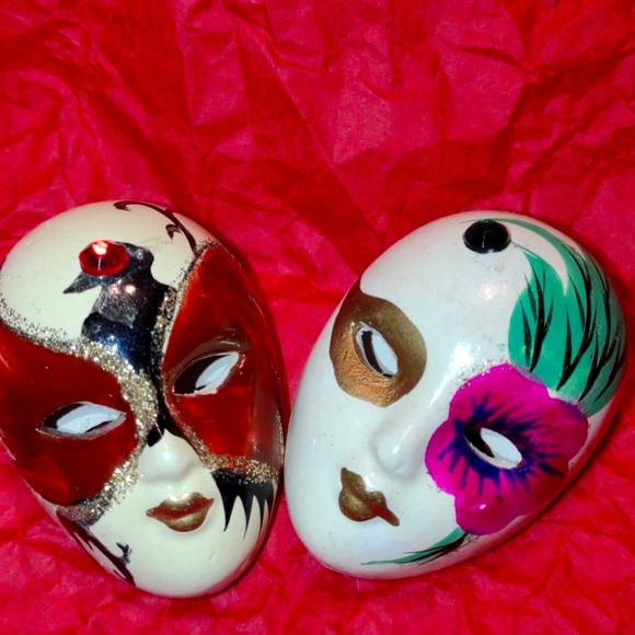 Two beautiful colorful mask brooches